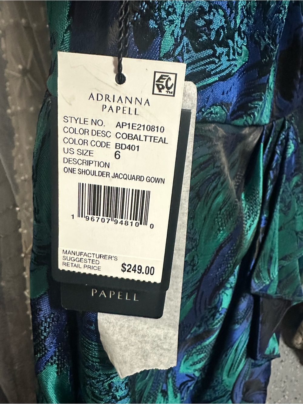 Adrianna Papell One-Shoulder Emerald & Navy Jacquard Gown - Picture 8 of 8